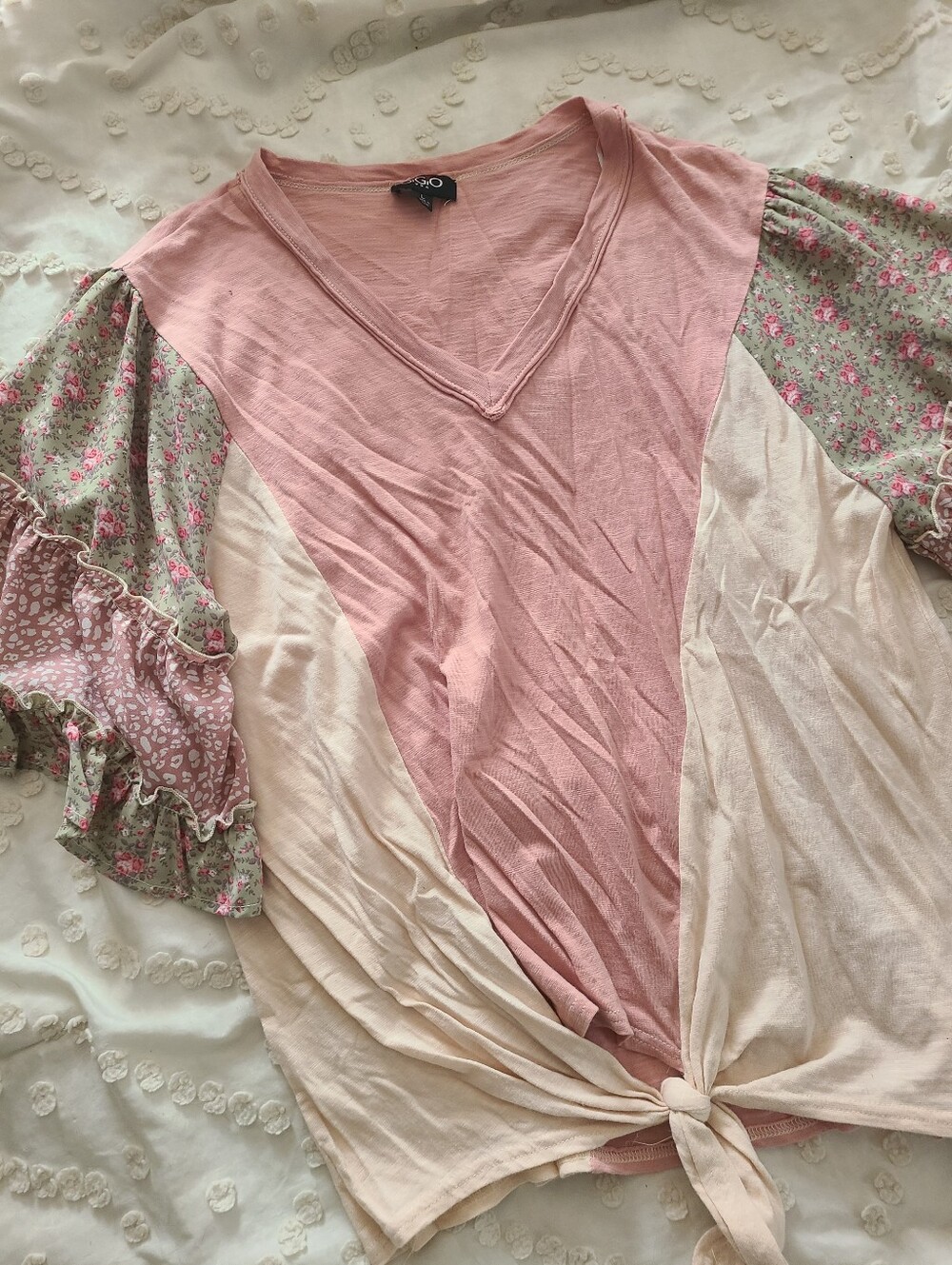 Gigio USA Womens Mixed Media Pattern Top Boho Bell Sleeves Shirt Size Large